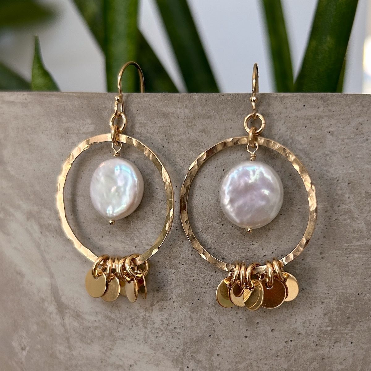 Handmade Earrings with hammered 14 k gf ring, dangling discs, white coin pearl