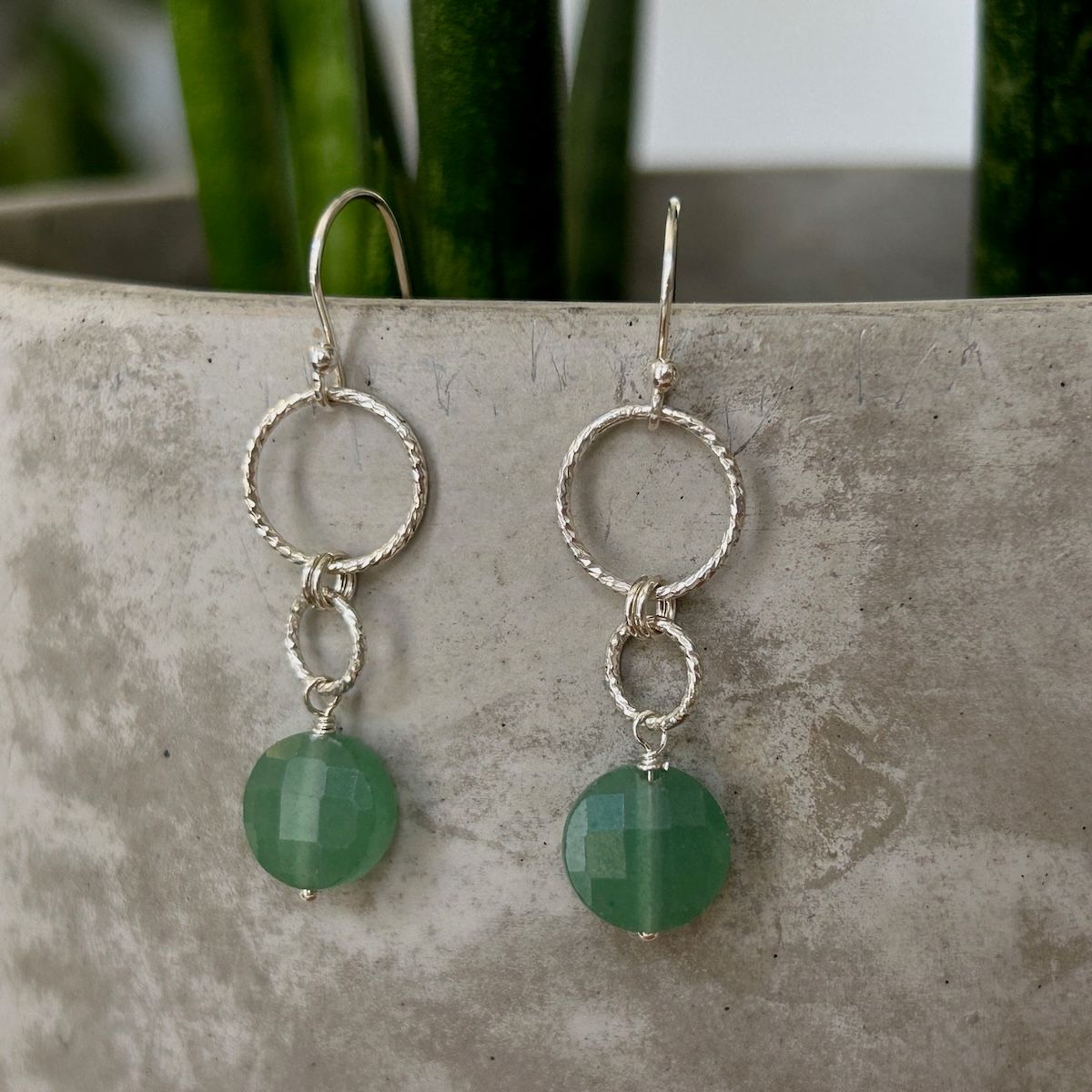 Handmade Earrings with green averenturine coin, 2 sparkly rings