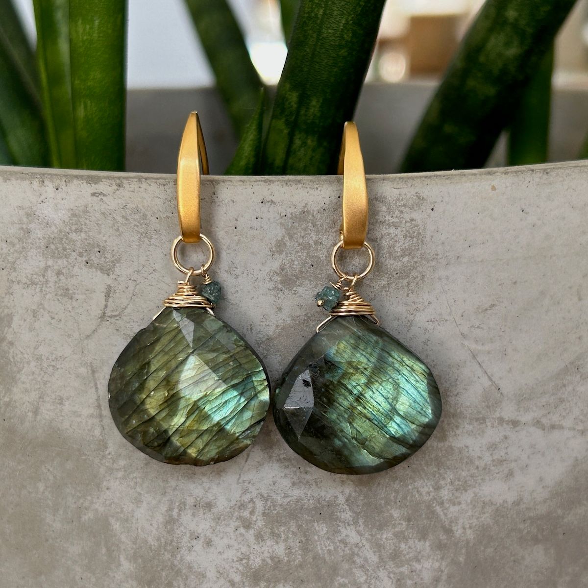 Handmade Earrings with labradorite briolette, blue diamond, 14 k g.f. wide earwire
