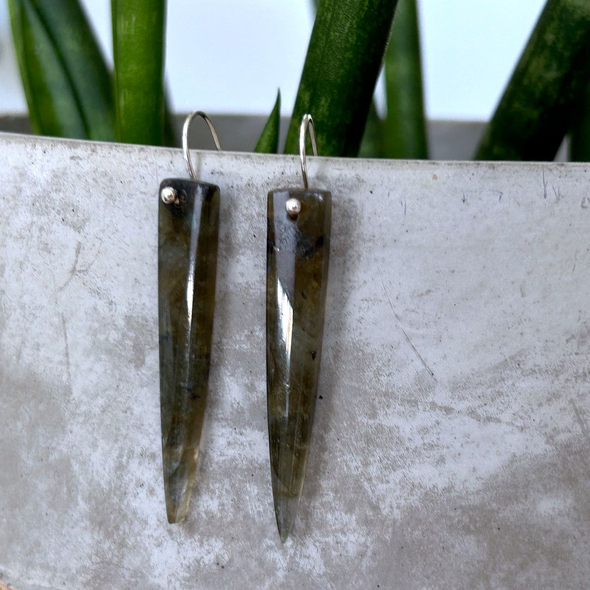 Handmade Earrings with labradorite spear 2 1/4&quot;