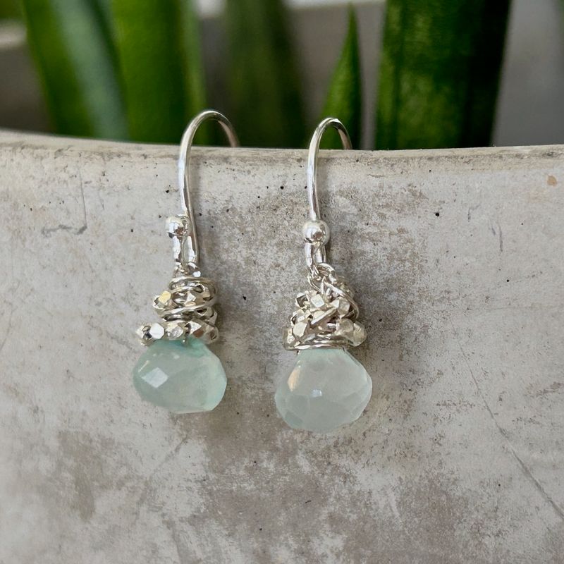 Handmade Earrings with peruvian chalcedony onion shaped briolette, faceted thai silver wrapped
