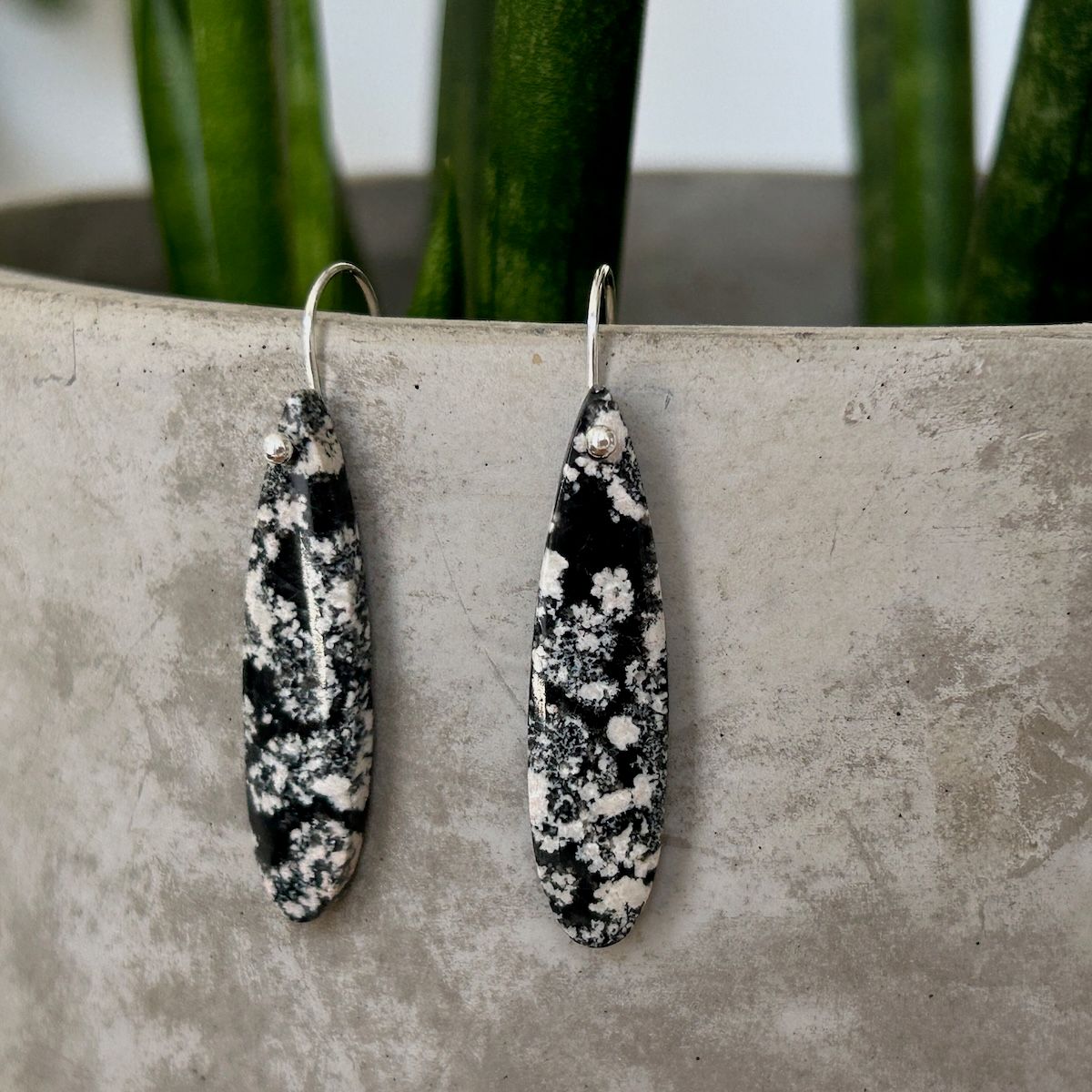 Handmade Earrings with snowflake obsidian briolette