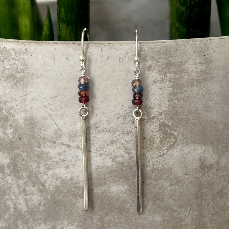 Handmade Earrings with multi colored sapphire stack, silver bar