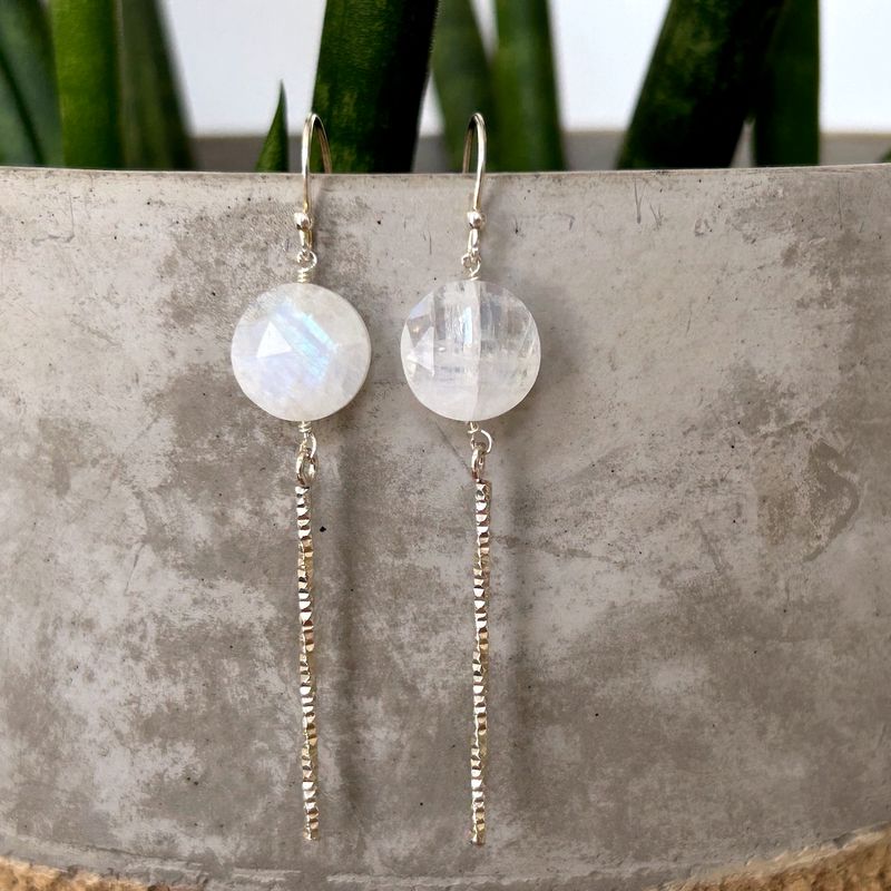Handmade Earrings with rainbow moonstone coin, textured bar