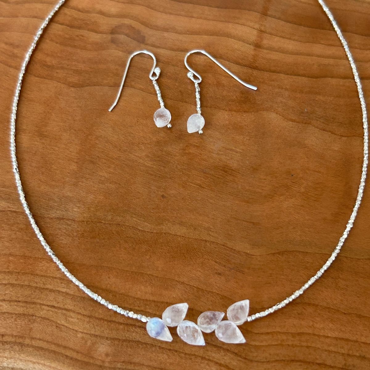 Handmade Necklace with 6 rainbow moonstone across, tiny faceted thai silver