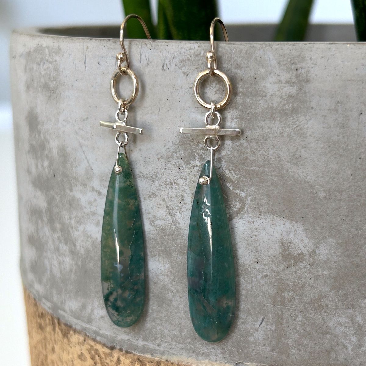 Handmade Earrings with silver ring, bar, moss agate