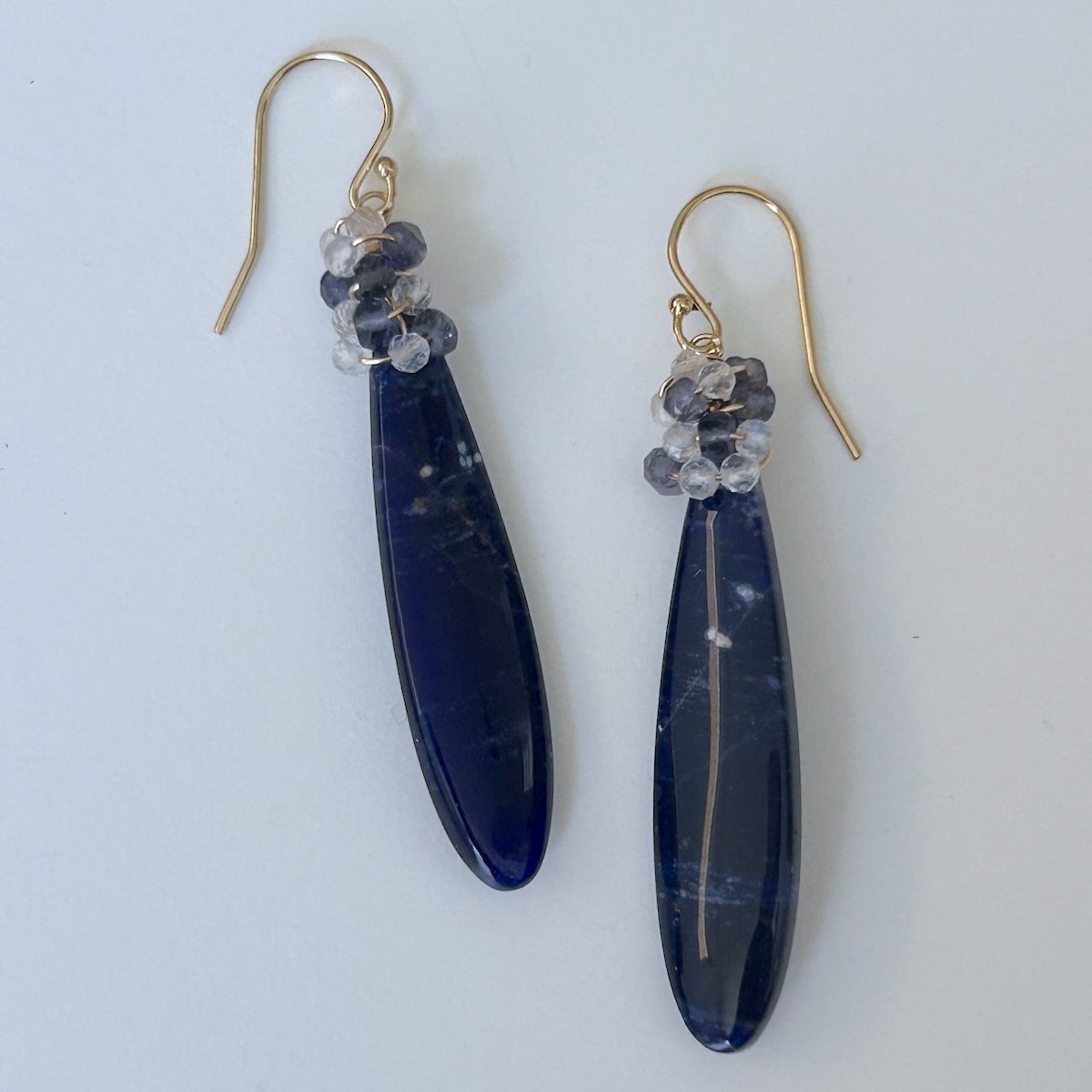 Handmade Earrings with sodalite, iolite, rainbow moonstone wrapped, 14 k gf