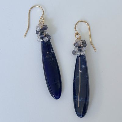 Handmade Earrings with sodalite, iolite, rainbow moonstone wrapped, 14 k gf