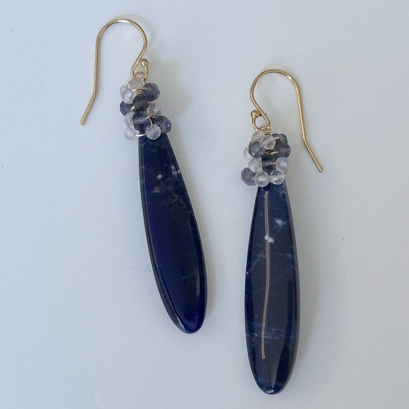 Handmade Earrings with sodalite, iolite, rainbow moonstone wrapped, 14 k gf