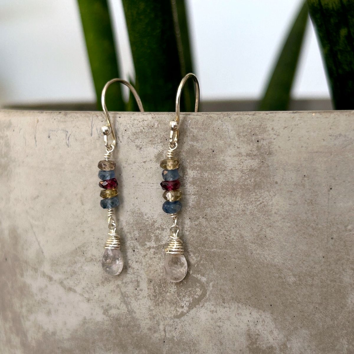 Handmade Earrings with stack multi colored sapphire, sapphire briolette