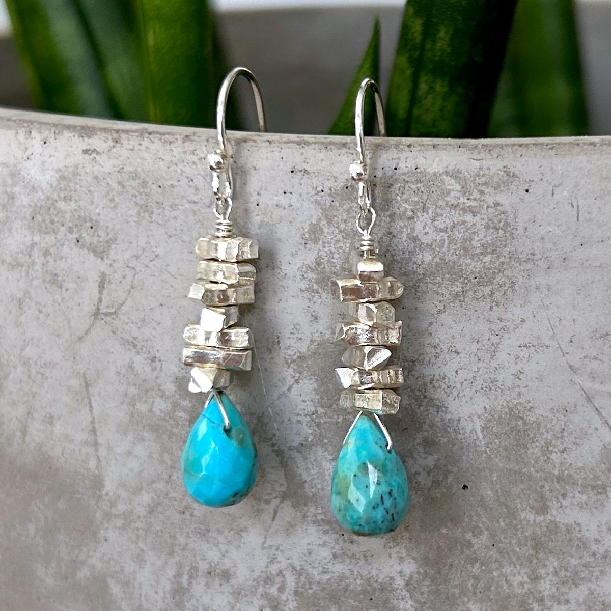 Handmade Earrings with turquoise briolette, stack thai silver rectangles