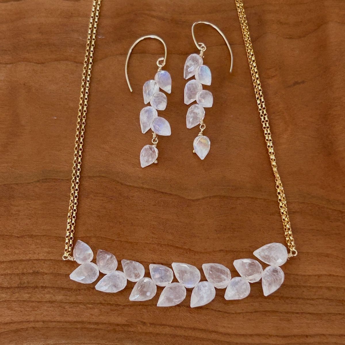 Handmade Necklace with 15 rainbow moonstone across, double 14 k gf chain
