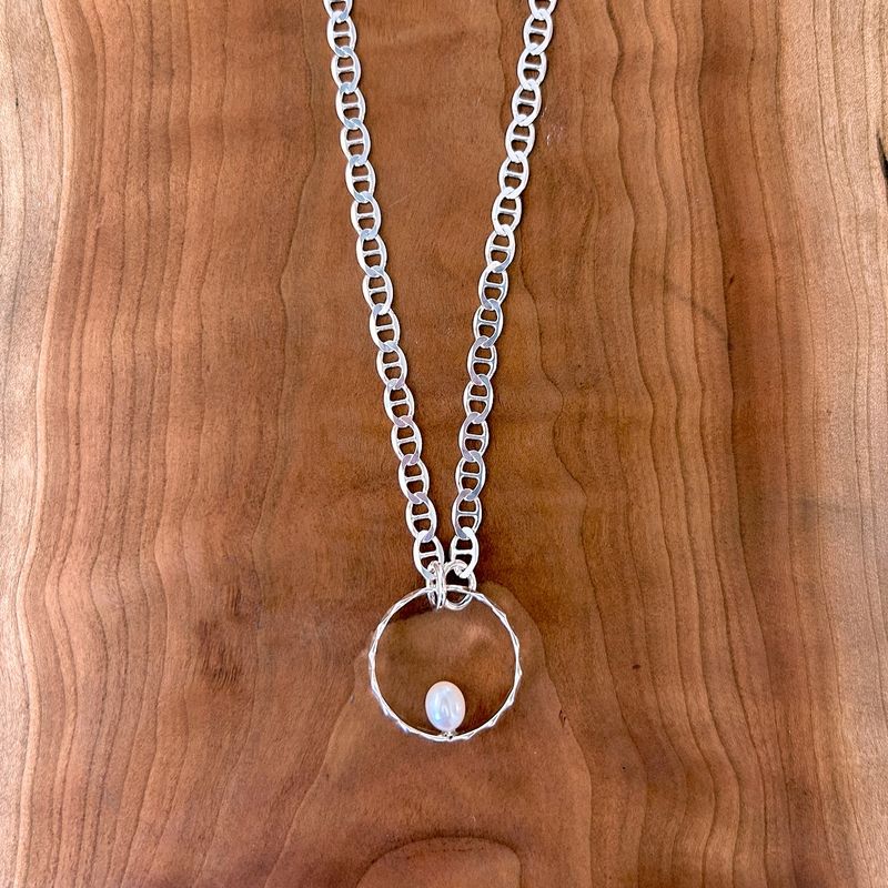 Handmade Necklace with faceted wire circle, white pearl inside, large silver anchor chain