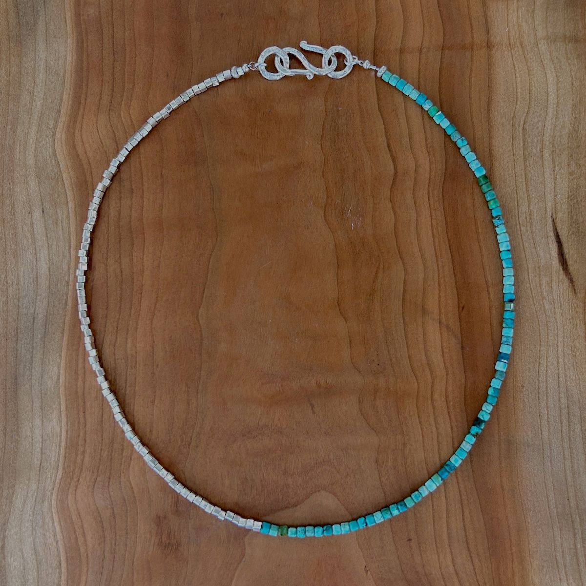 Handmade Necklace with cube turquoise, thai silver cubes, hammered clasp