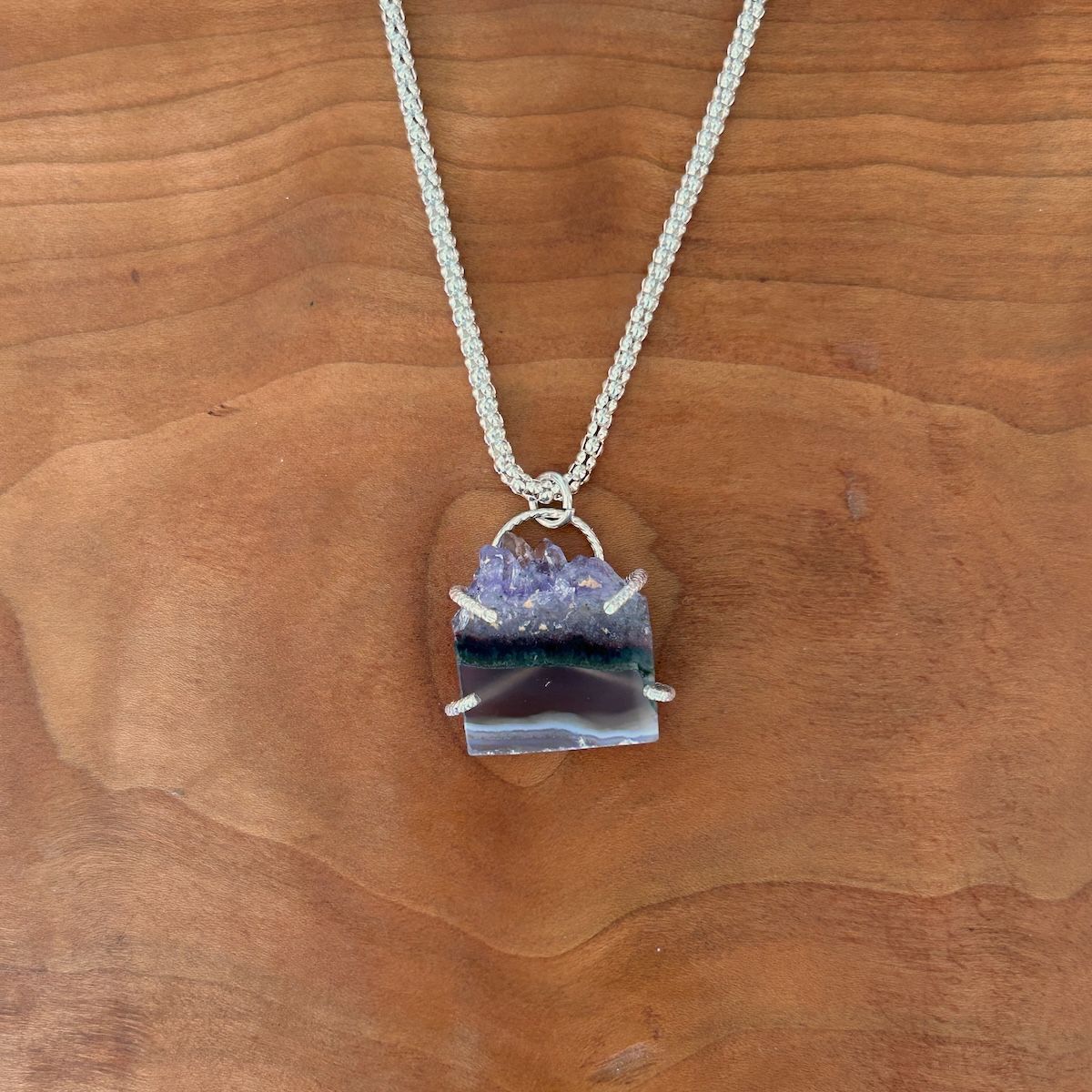 Handmade Necklace with prong set raw amethyst