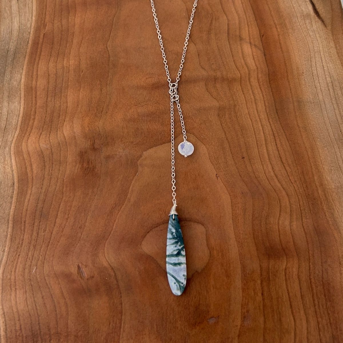 Handmade Necklace with rainbow moonstone coin, moss agate 2 chains