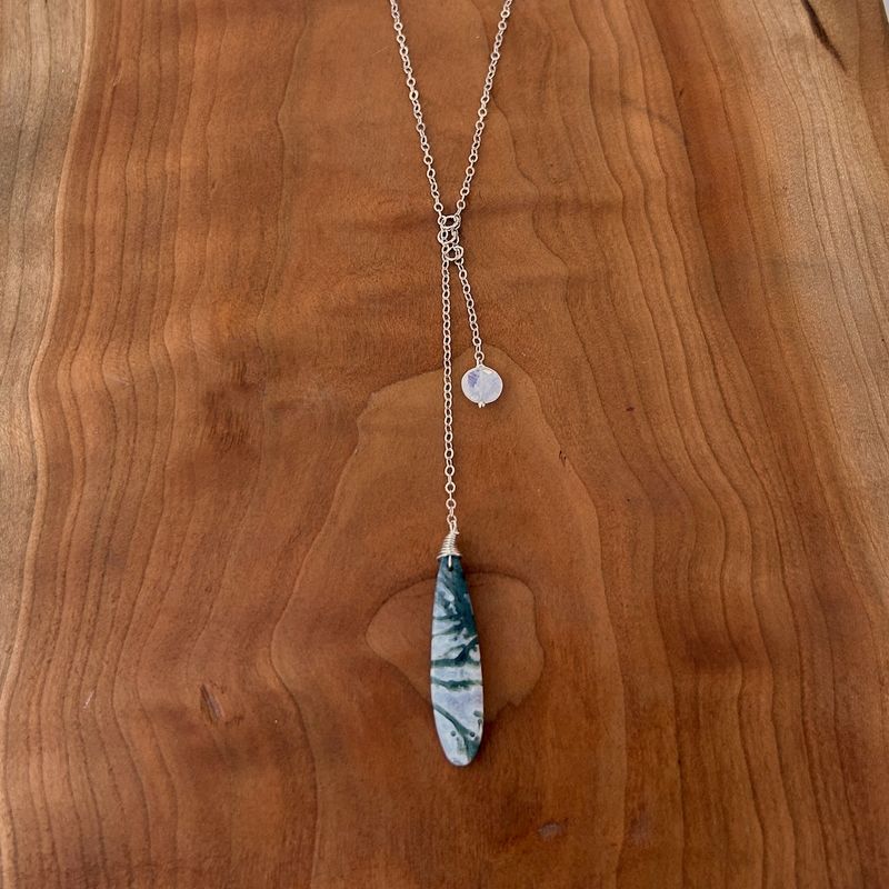 Handmade Necklace with rainbow moonstone coin, moss agate 2 chains