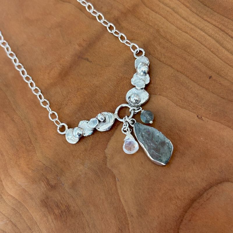 Handmade Necklace with recycled silver pebbles, moss aquamarine, rainbow moonstone, labradorite