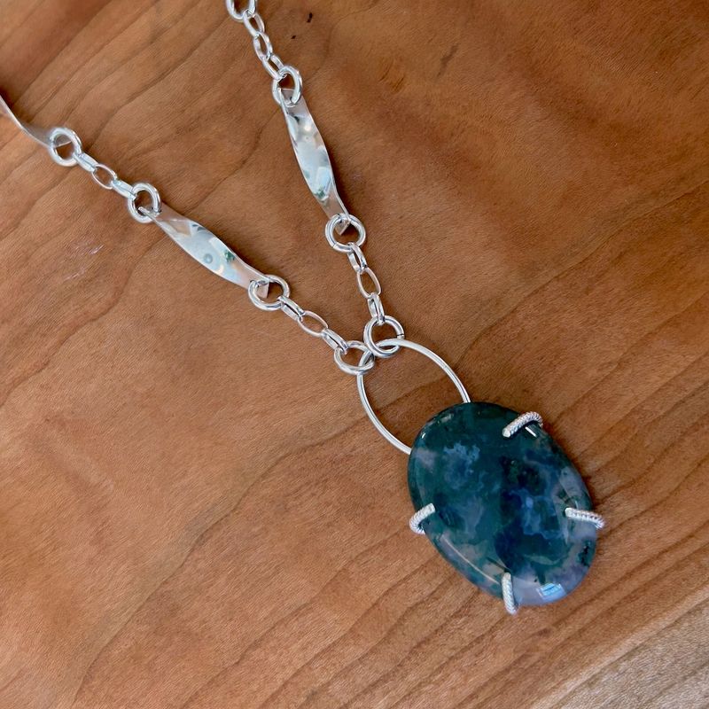 Handmade Necklace with prong set moss agate, twisted silver rectangle chain