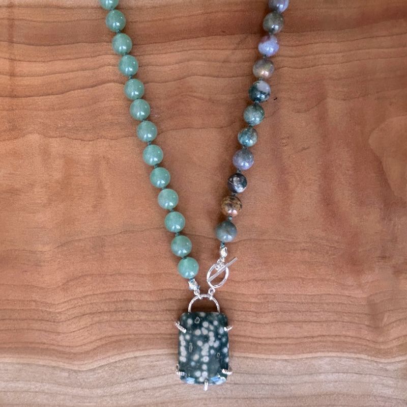 Handmade Necklace with prong set ocean jasper, green aventurine, jasper knotted on green silk, toggle, 22&quot;, 1.75 x .75