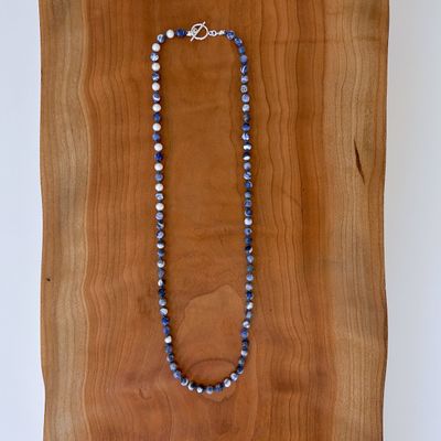 Handmade Necklace with sodalite, white pearl knotted on hand dyed blue silk w/toggle