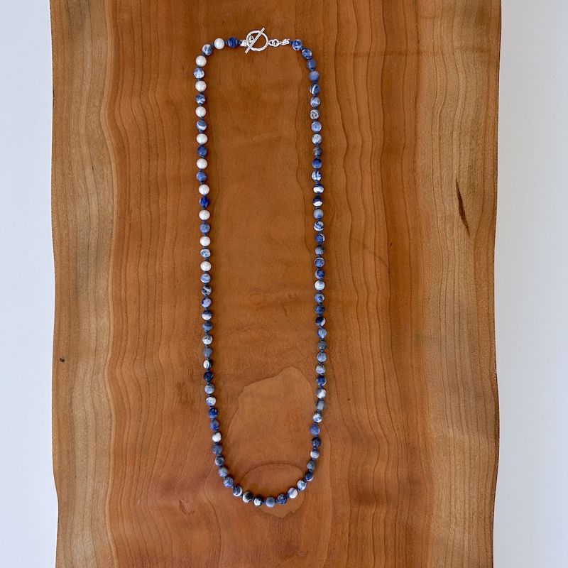 Handmade Necklace with sodalite, white pearl knotted on hand dyed blue silk w/toggle