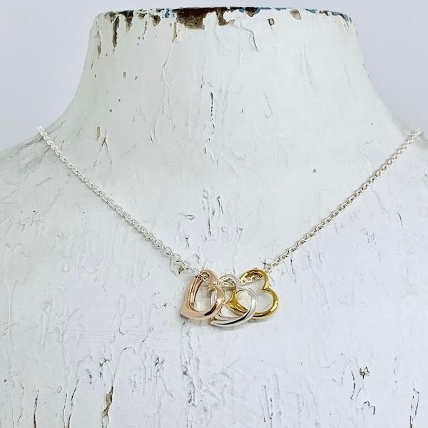 Sterling Silver Tri Tone Hearts Necklace