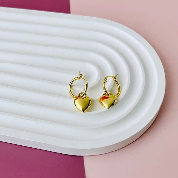 Puffed Heart on Hoop Earrings, Gold Vermeil