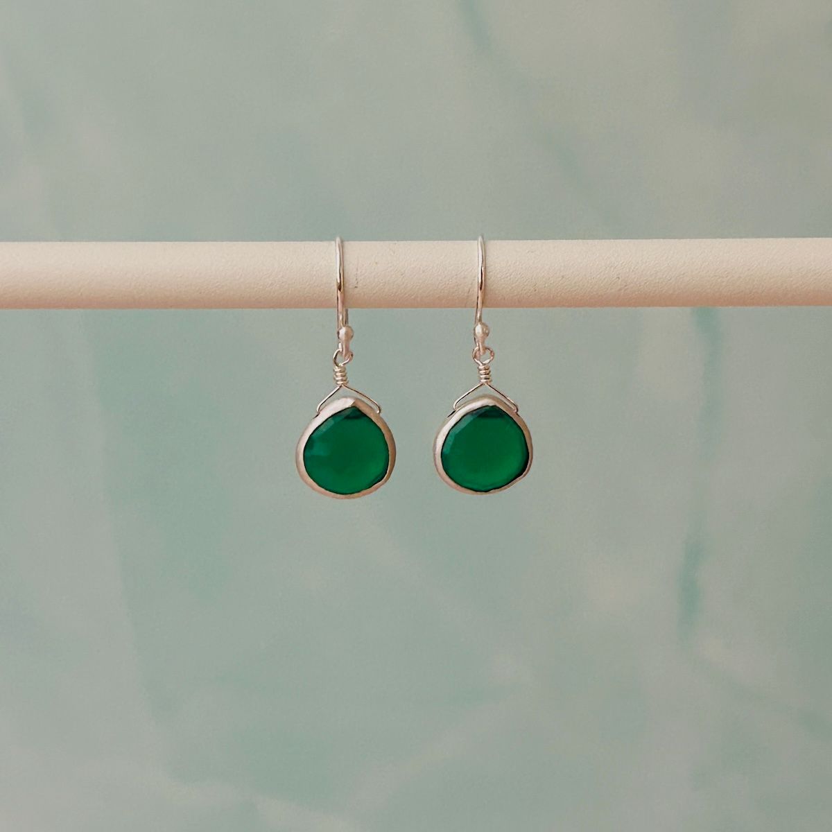 Handmade Small Green Onyx Silver Earrings