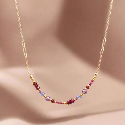 Handmade Crimson Gemstones Necklace (ruby, rhodolite, tanzanite, and amethyst)