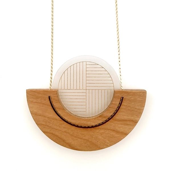 MidMod Reversible Geometric Wood with Mixed Metals Necklace