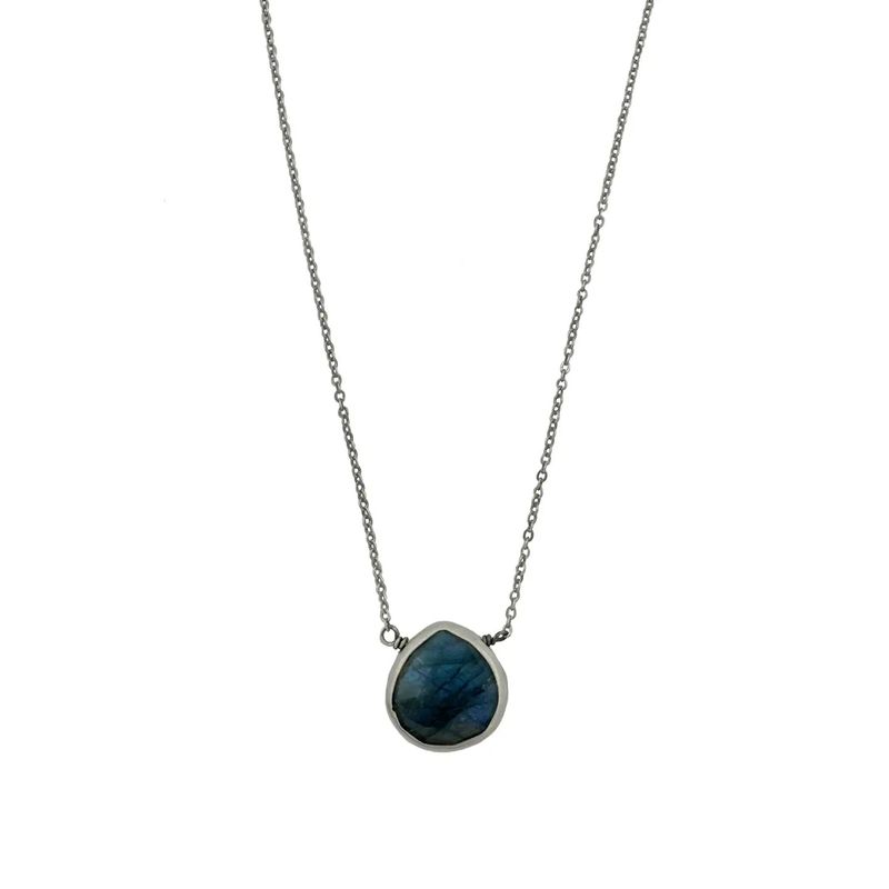 Faceted Labradorite Drop on Oxidized Chain Necklace, Silver