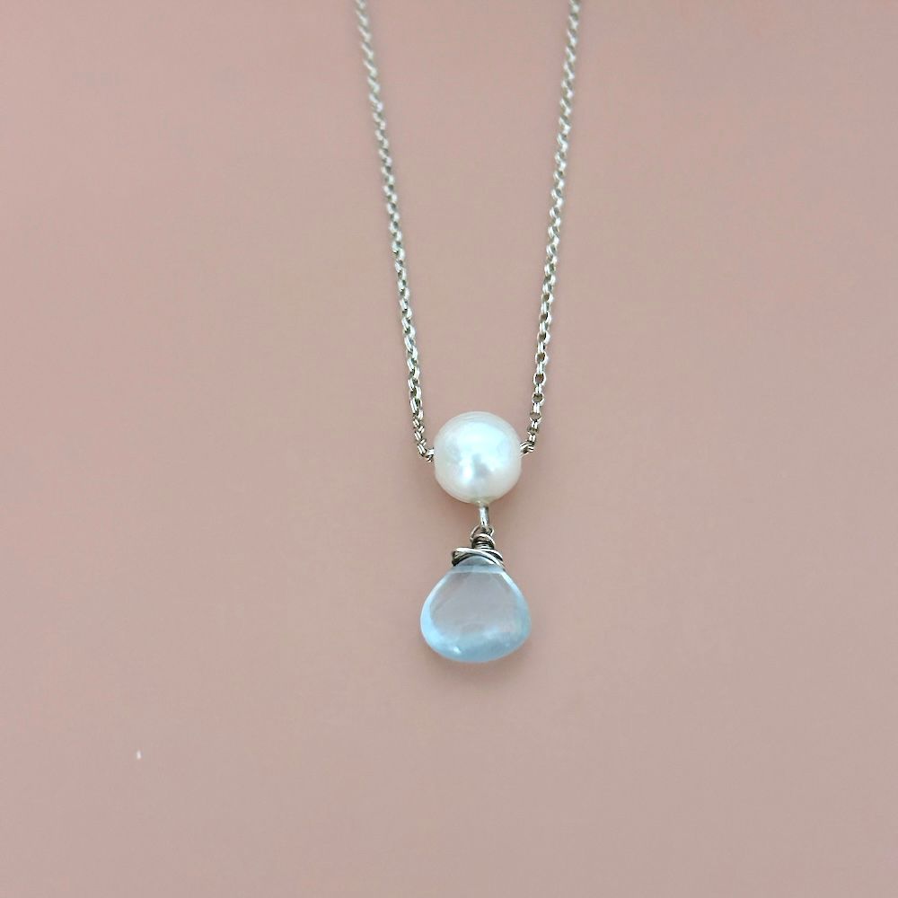 Handmade Necklace with white pearl bail, aquamarine briolette