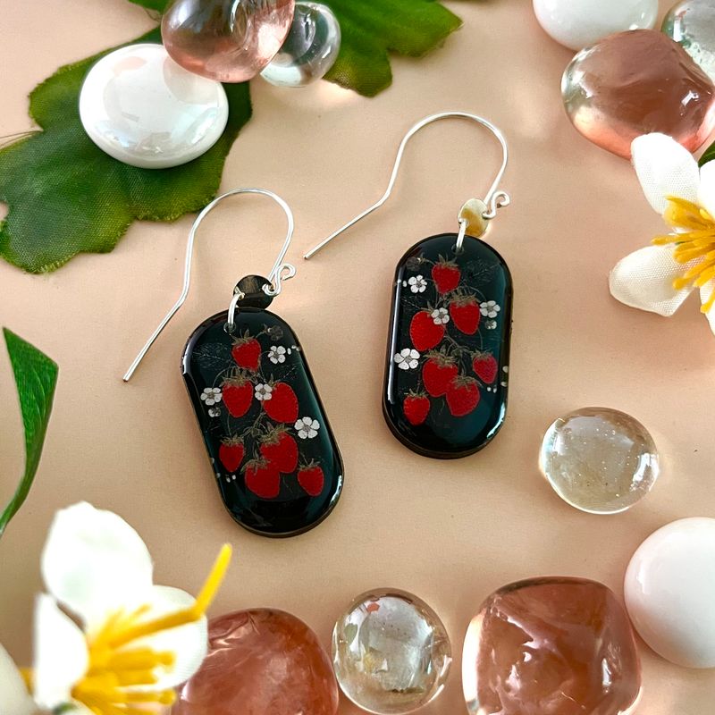 Oblong Paper + Wood Earring Vintage Strawberry Patch