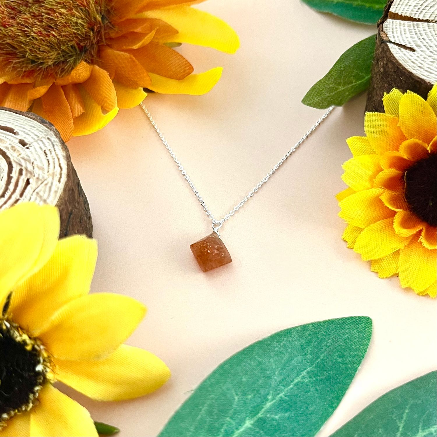 Handmade SS Polygonal Sunstone Necklace 18&quot;