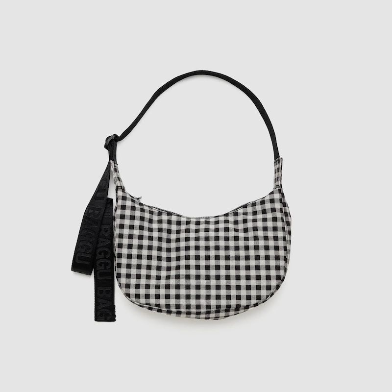 SS25 Baggu Small Crescent Bag, Style: Black &amp; White Gingham