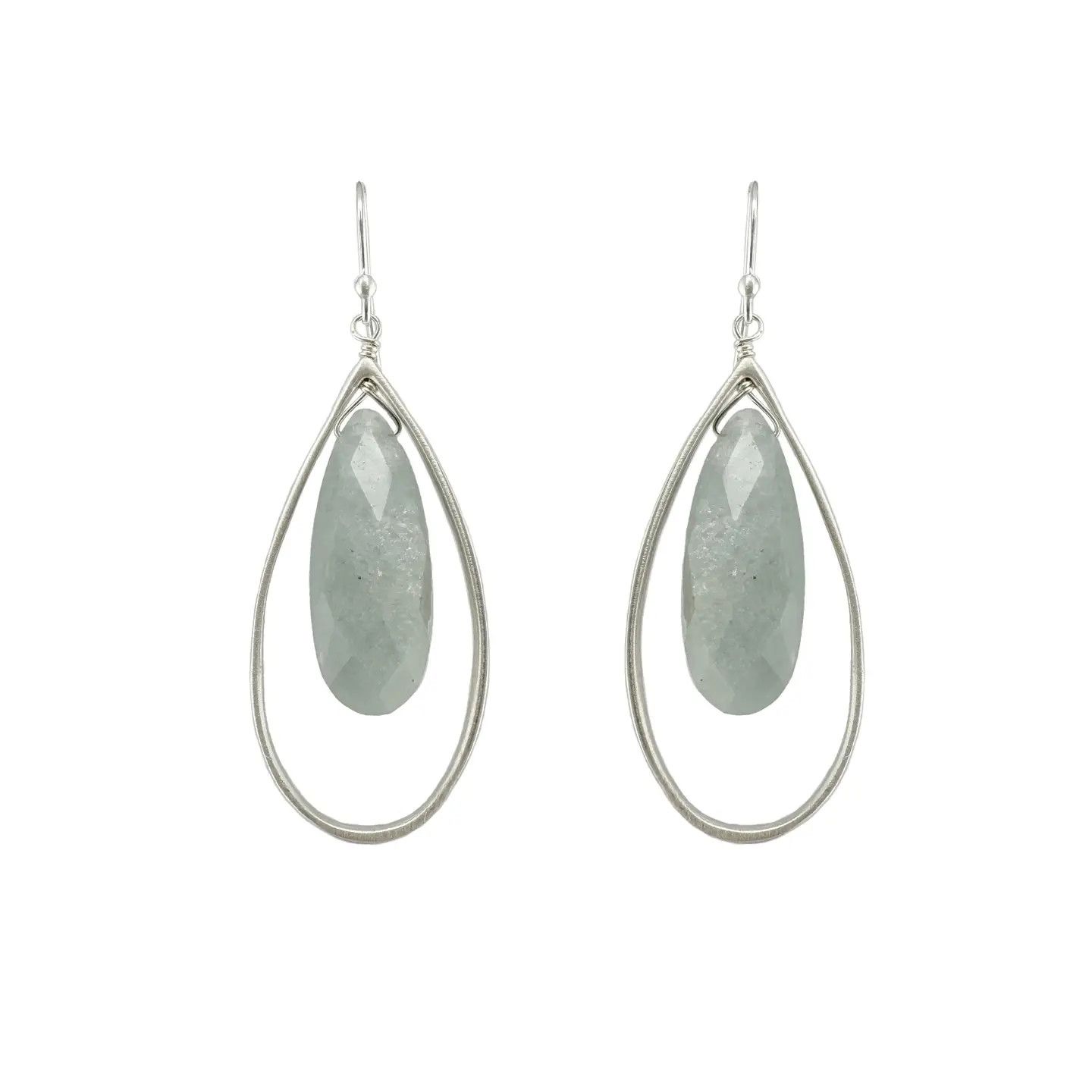 Large Open Silver Teardrop Aquamarine Earrings