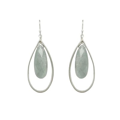 Large Open Silver Teardrop Aquamarine Earrings