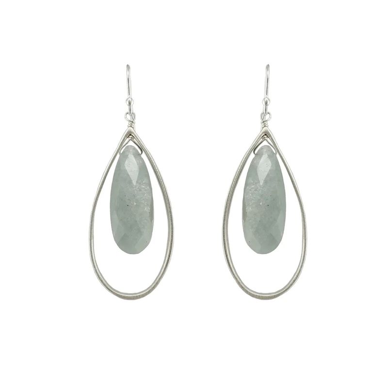 Large Open Silver Teardrop Aquamarine Earrings