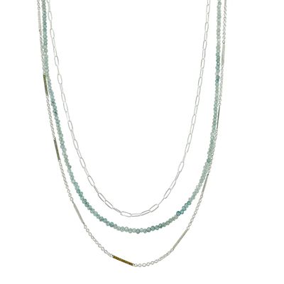 Triple Strand Necklace with Blue Zircon and Sterling Silver Chains