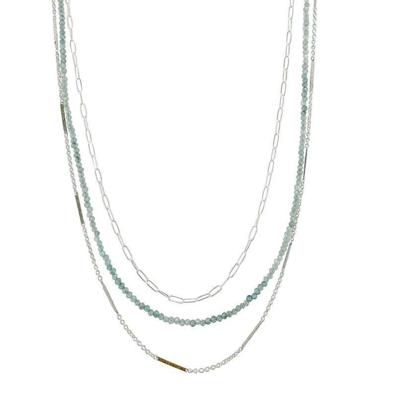 Triple Strand Necklace with Blue Zircon and Sterling Silver Chains