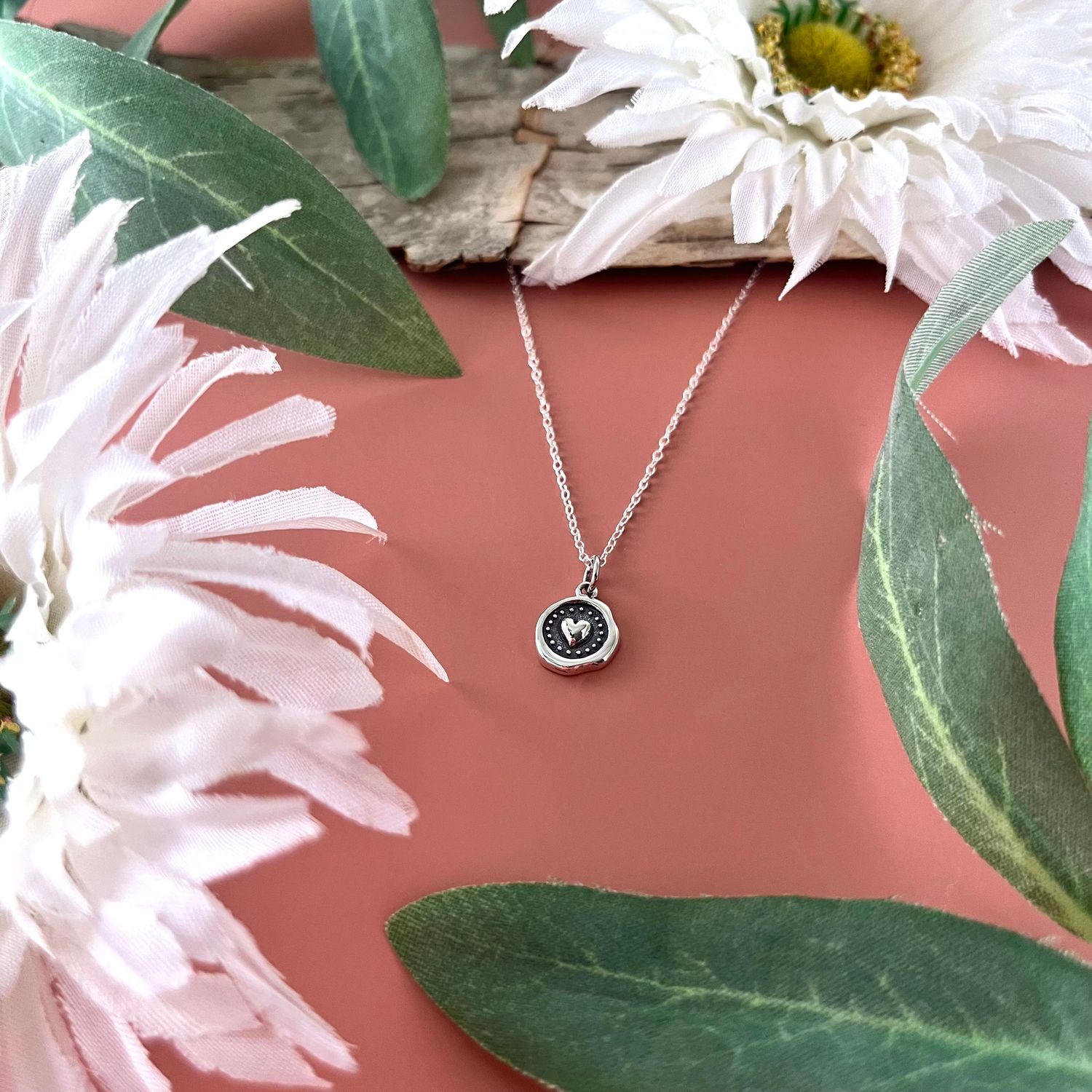 Silver Wax Seal Heart Necklace 18&quot;
