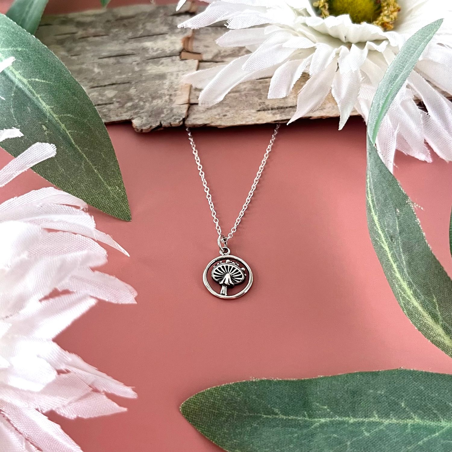 Silver Agaric Mushroom Necklace, 18&quot;