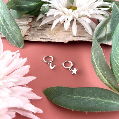 Silver Huggie Hoops with Star and Moon, 22x11mm