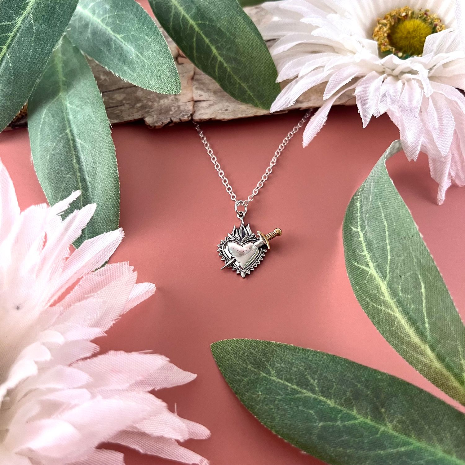 Mixed Metal Flaming Heart and Sword Necklace 18&quot;