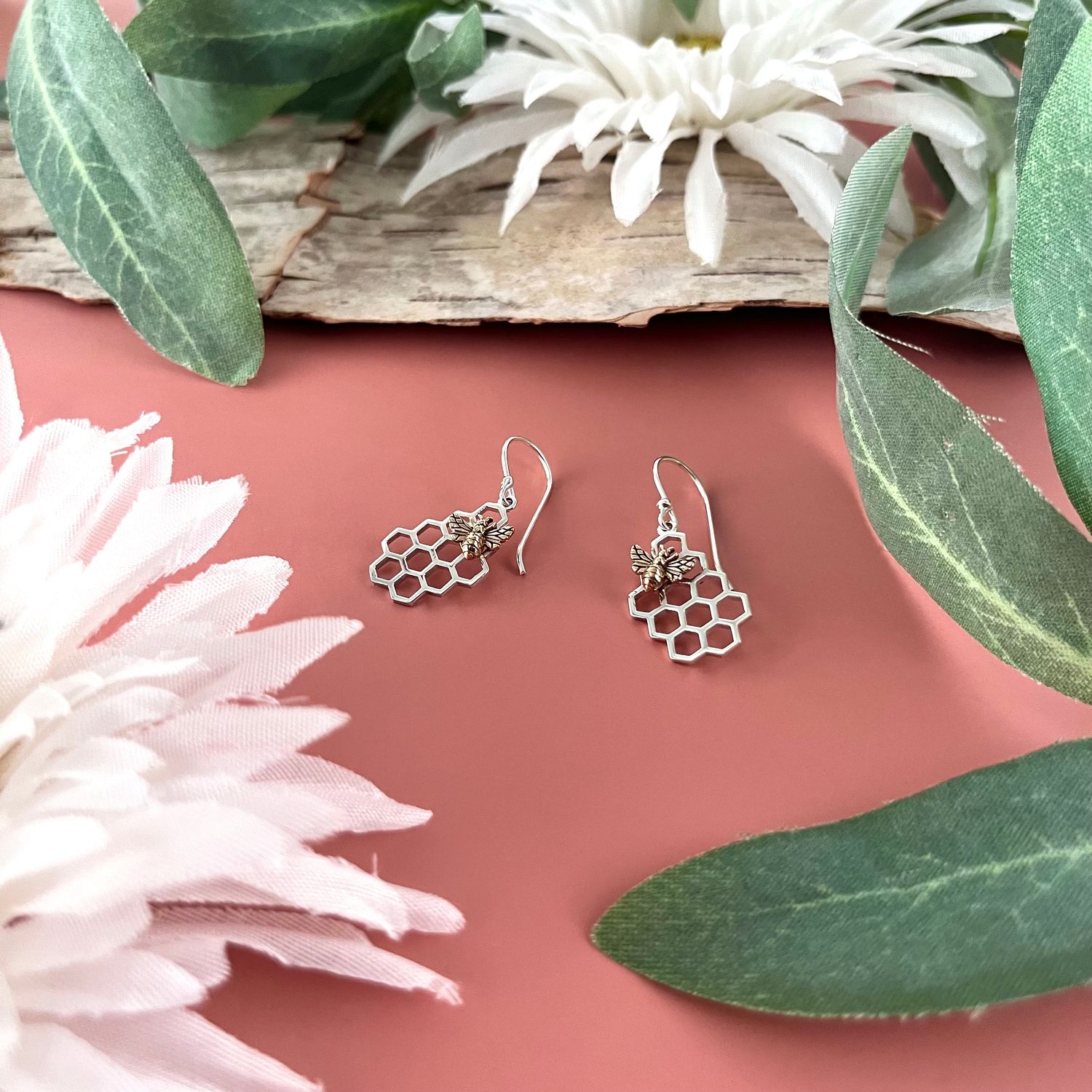Silver Honeycomb Earrings with Bronze Bee