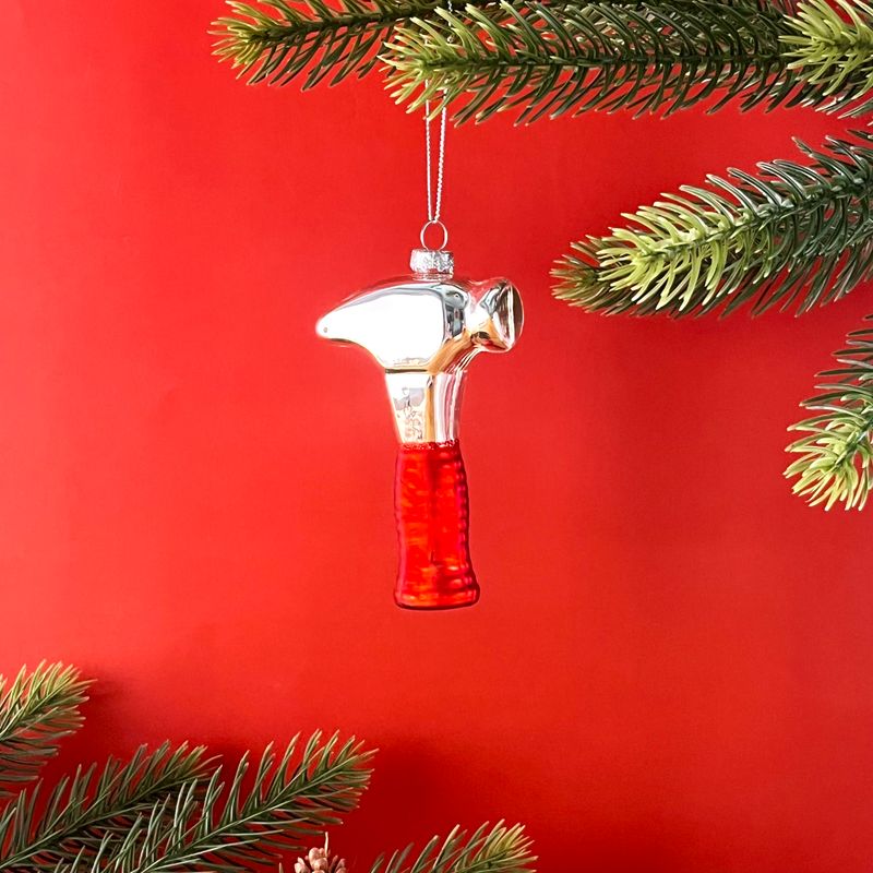 Glass Construction Tool Ornament w/ Glitter Hammer