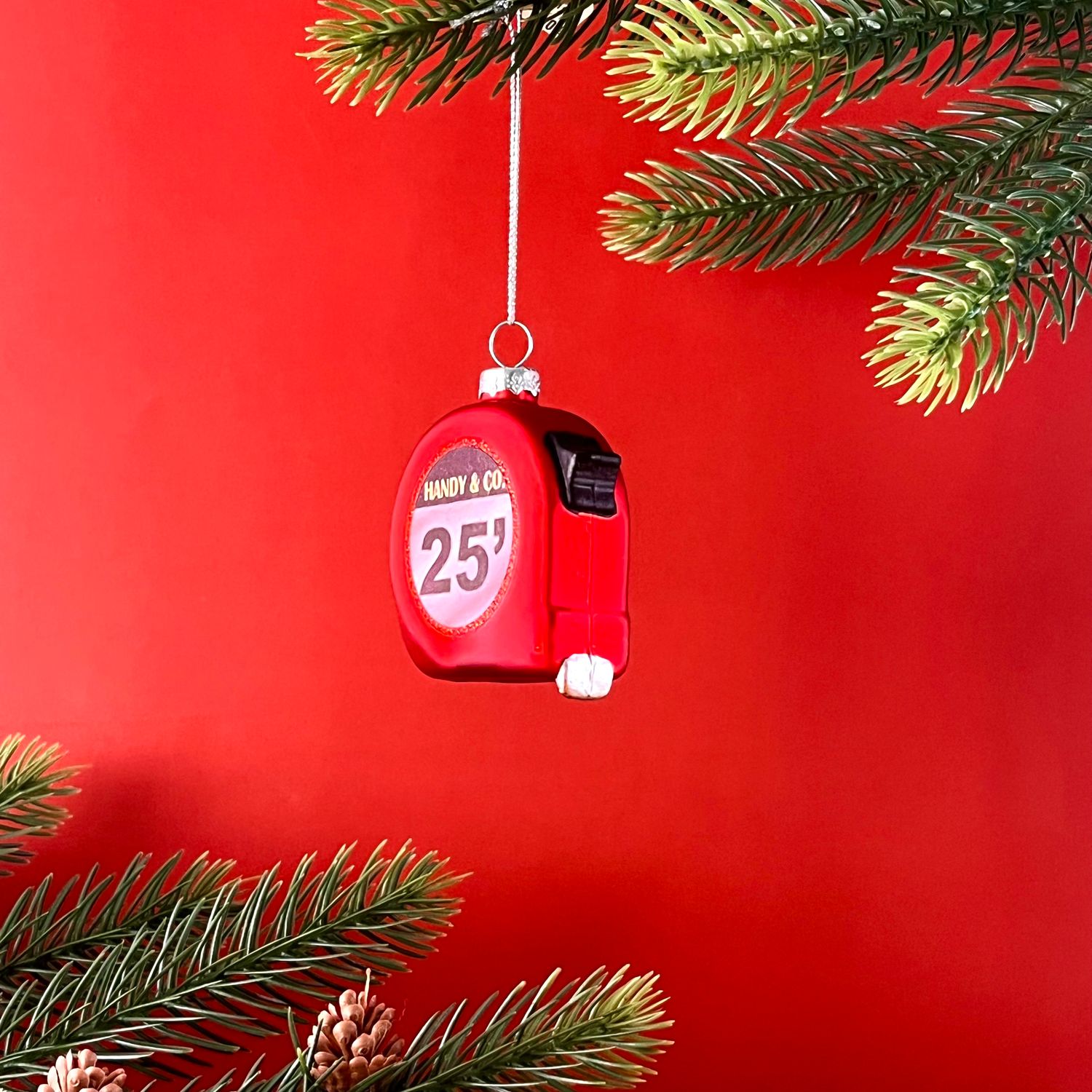 Glass Construction Tool Ornament w/ Glitter Tape Measure