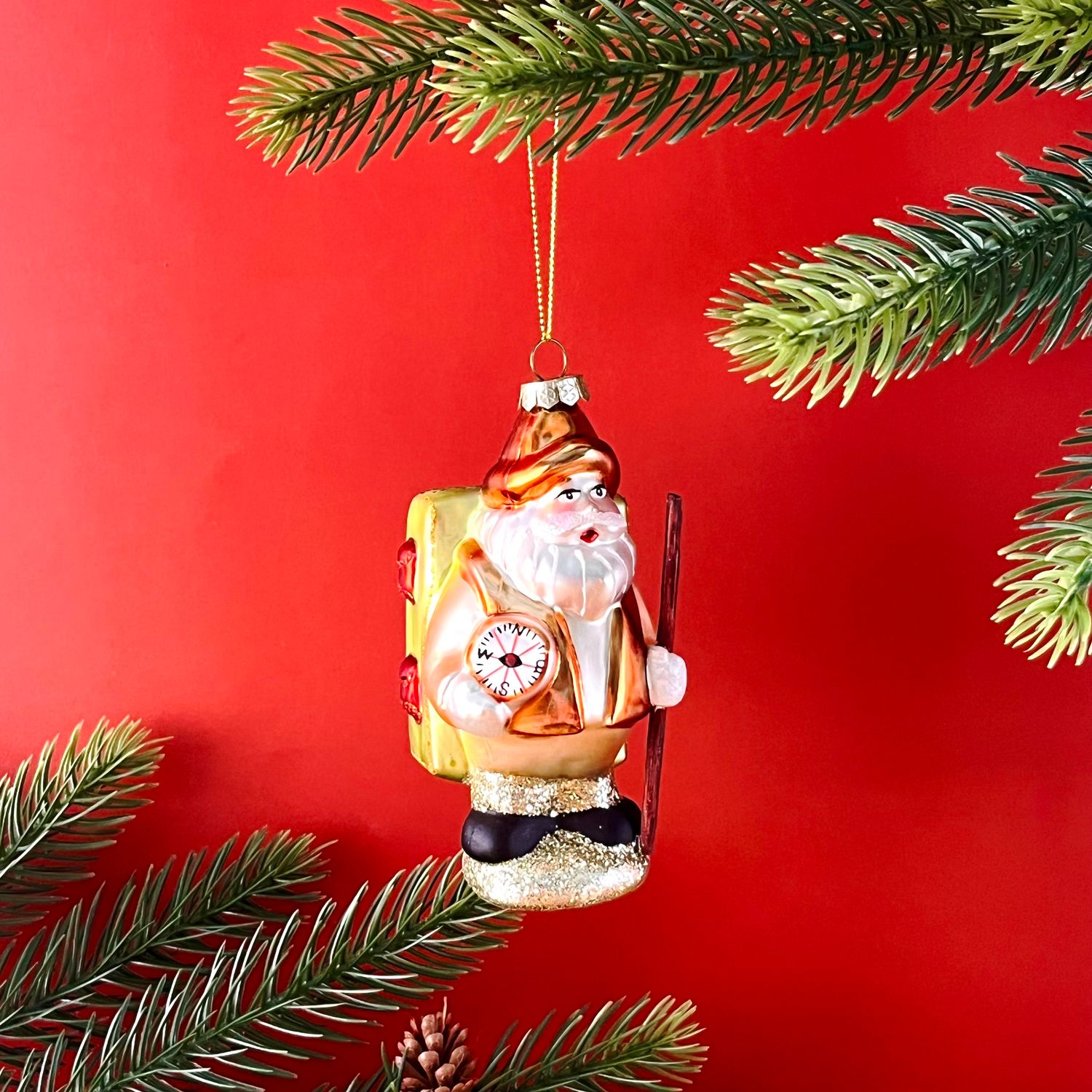 Glass Hiking Santa Ornament