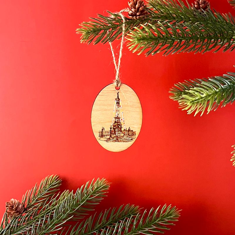 Monument Circle Etched Wood Ornament With Lights